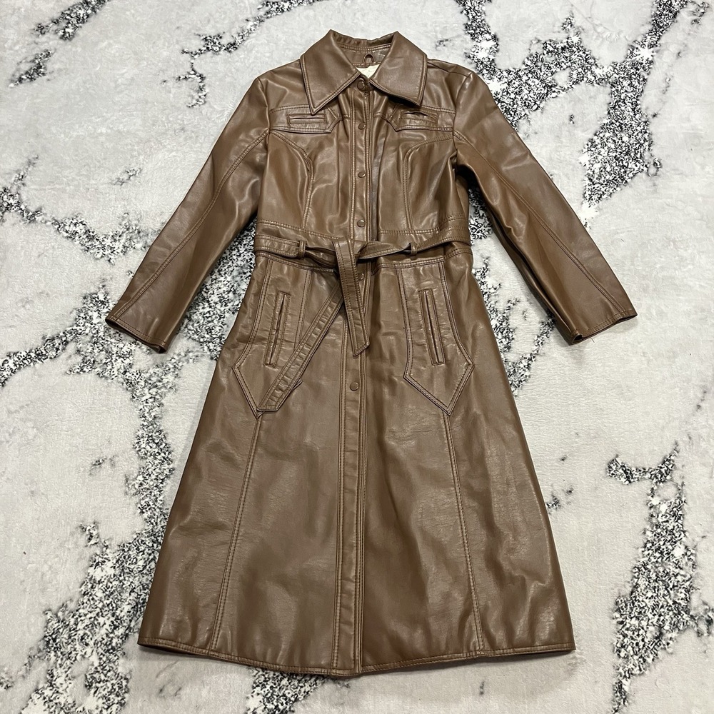 Vintage Leather Trench Coat Women's 12 Brown Belted‎ Long Jacket Retro 70s Style